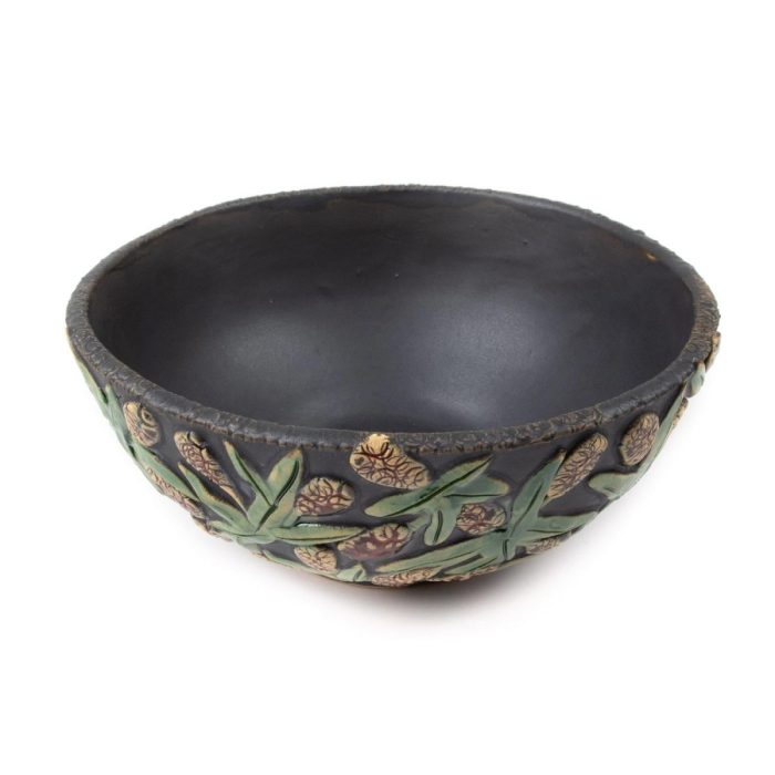 Ceramic bowl with red flowers, greyish black, ⌀16 cm