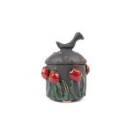 Ceramic Dish with Lid, Red Flowers and Bird, Greyish Black, ⌀8 cm