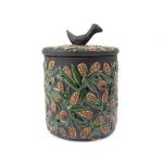 Ceramic Dish with Lid, Red Flowers and Bird, Greyish Black, ⌀11.5 cm