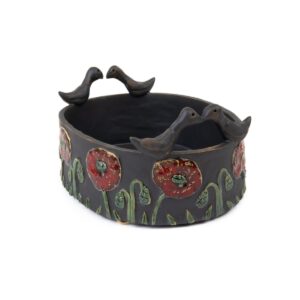 Ceramic dish with poppies and birds, greyish black, 21x16 cm