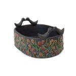 Ceramic Dish with Red Flowers and Birds, Greyish Black, 21x16 cm