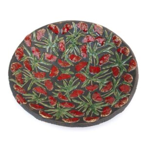 Ceramic dish with red flowers, greyish black, ⌀28 cm