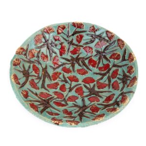 Ceramic dish with red flowers, turquoise, ⌀28 cm