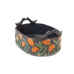 Ceramic Dish with Orange Flowers and Birds, Greyish Black, 23x16 cm