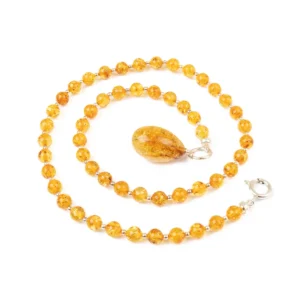 Amber necklace with silver color elements, 45 cm