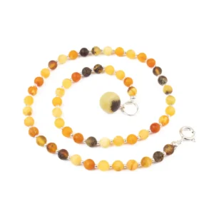 Amber necklace with silver color elements, 45 cm