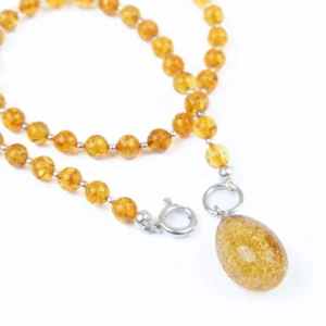 Amber necklace with silver color elements, 45 cm