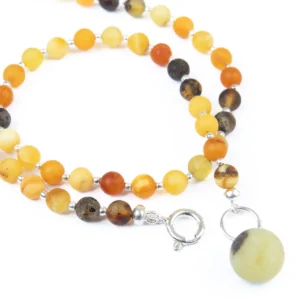 Amber necklace with silver color elements, 45 cm