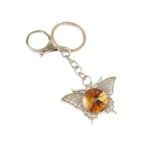 Keychain with amber, butterfly, 9.5 cm