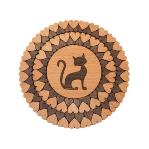 Wooden trivet / coaster - cat and hearts, ⌀15 cm