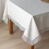 Cotton Tablecloth with Lace and Sun Mandala Pattern, White, 167x215 cm