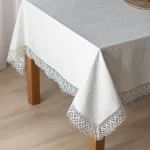 Cotton Tablecloth with Lace and Sun Mandala Pattern, White, 167x215 cm