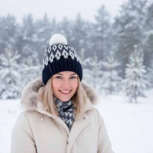 adita-vilnas-cepure-ar-rakstu-un-bumbuli-atlokama-mala-tumsi-zila-10 Knitted wool hat with pattern and pom pom, rollup edge, dark blue