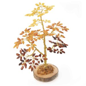 Amber money tree on wood disc, 22 cm