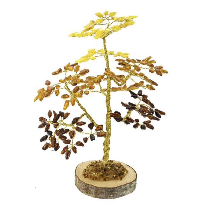 Amber money tree on wood disc, 22 cm