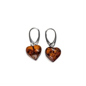 Heart shaped amber earrings with silver colored clasp