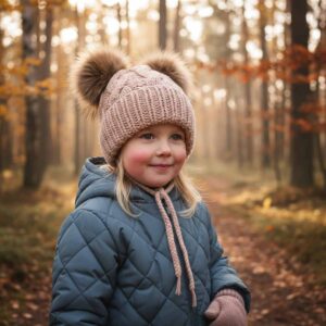 Kids knitted wool hat with pom poms, beige