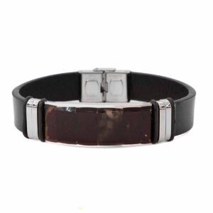 Leather bracelet with brown-greenish amber, black, 21 cm