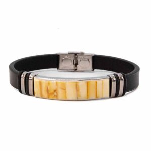 Leather bracelet with yellow amber, black, 21 cm