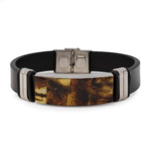 Leather bracelet with brown amber, black, 21 cm