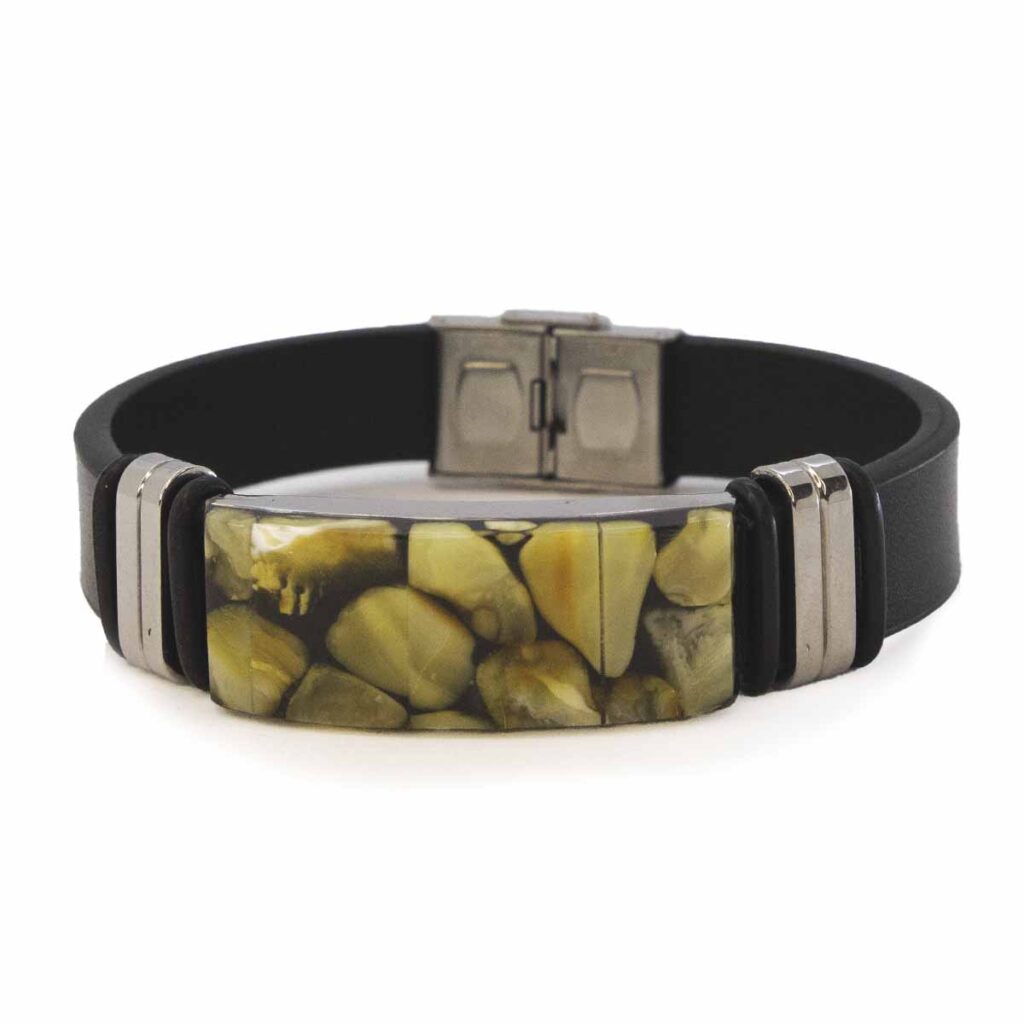 Leather bracelet with greenish amber, black, 21 cm