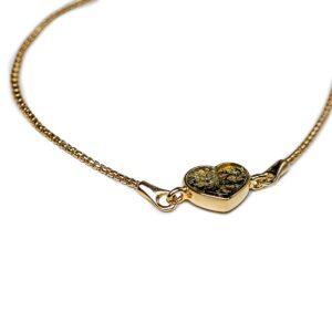 Silver bracelet with dark green amber heart, gold plated