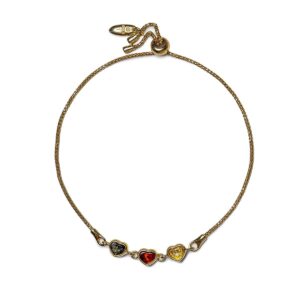 Silver Bracelet with Three Amber Hearts in Different Colours, Gold Plated Silver bracelet with three amber hearts in different colours, gold plated