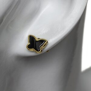 Silver butterfly earrings with dark brown amber, gold plated