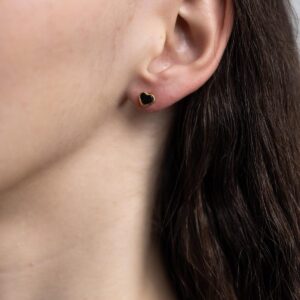 Silver earrings hearts with dark brown amber, gold plated