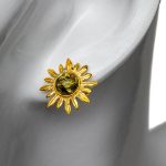 Silver Earrings in Sun Shape with Greenish Amber Piece, Gold Plated
