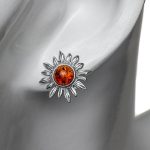 Silver Earrings in Sun Shape with Orange Amber Piece