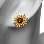 Silver Earrings in Sun Shape with Orange Amber Piece, Gold Plated