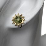 Silver Earrings Sun-shaped with Greenish Amber, Gold Plated