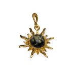 Silver Pendant in Sun Shape with Greenish Amber Piece, Gold Plated