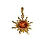 Silver Pendant in Sun Shape with Orange Amber Piece, Gold plated