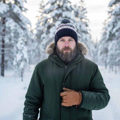 Knitted wool hat with pattern and pom pom, rollup edge, navy blue