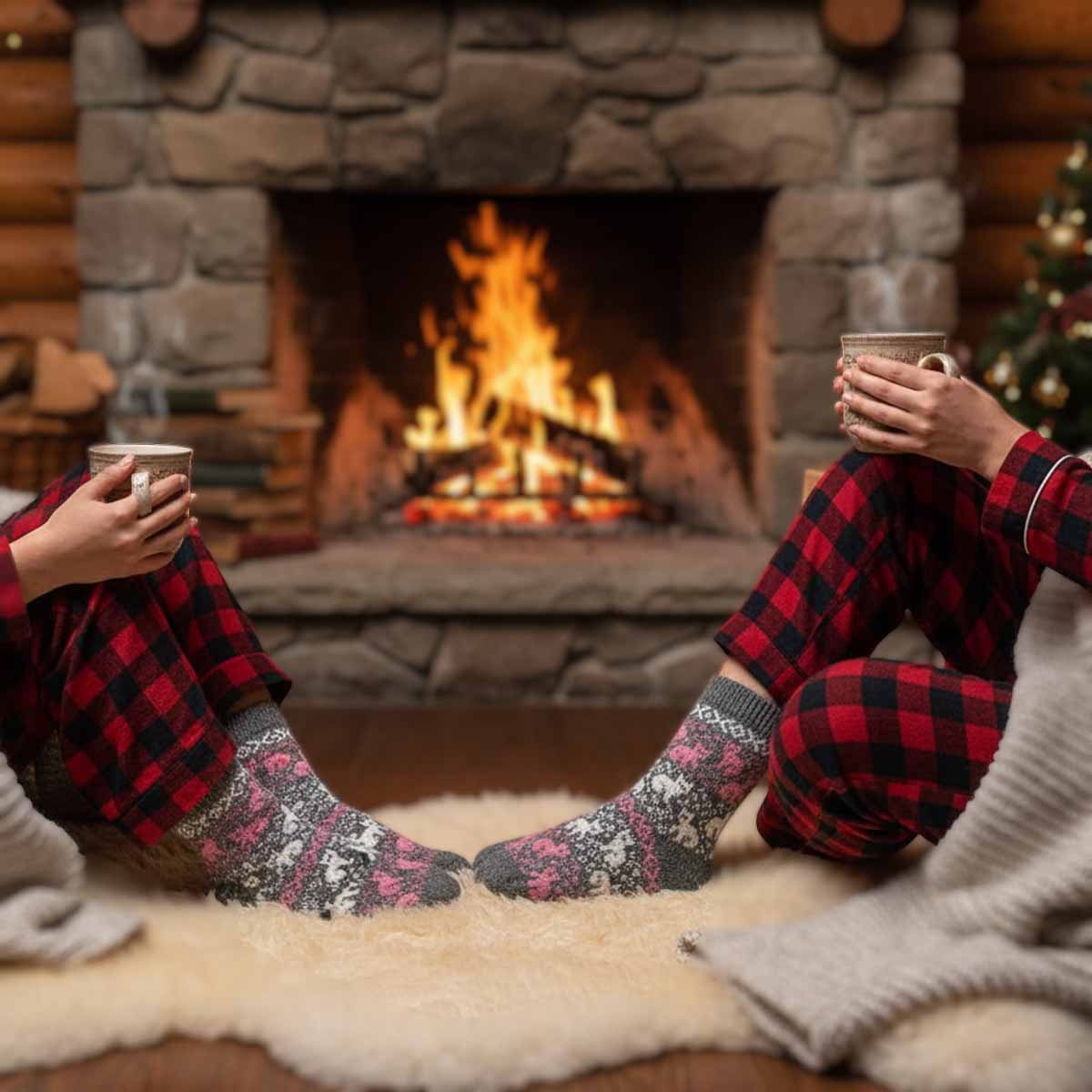Knitted wool socks with pink cats, dark grey