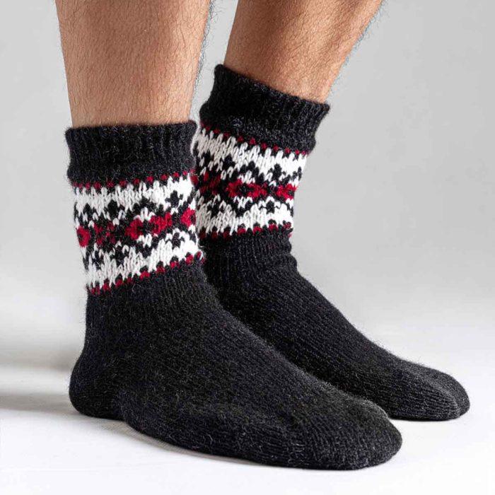 Knitted wool socks with patterns, black