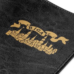 Black leather passport cover with city silhouette, riga, 9.8 x 13.7 cm