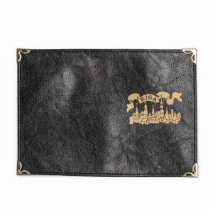 Black leather passport cover with city silhouette, riga, 9.8 x 13.7 cm