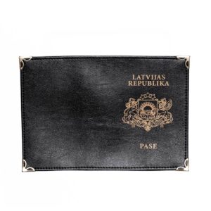 Black leather passport cover with coats of arms, latvijas republika, 9.8 x 13.7 cm
