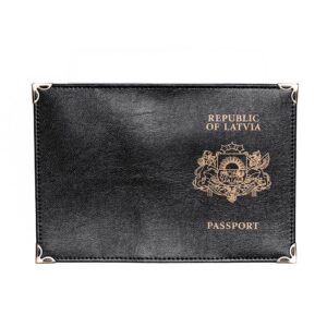 Black leather passport cover with coats of arms, republic of latvia, 9.8 x 13.7 cm
