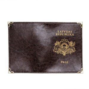 Brown leather passport cover with coats of arms, latvijas republika, 9.8 x 13.7 cm
