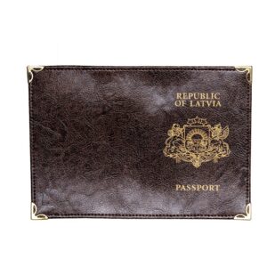 Brown leather passport cover with coats of arms, republic of latvia, 9.8 x 13.7 cm