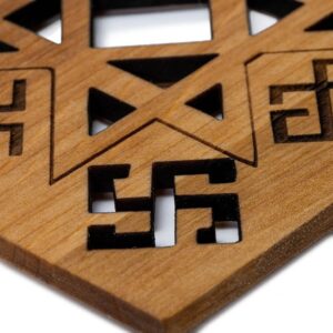 Wooden coaster with ethnographic signs, 9.8 x 9.8 cm