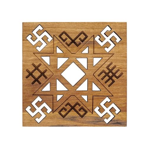 Wooden coaster with ethnographic signs, 9.8 x 9.8 cm