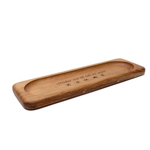 Wooden snack dish with inscription and ethnographic signs, rectangular, 13 x 40 cm