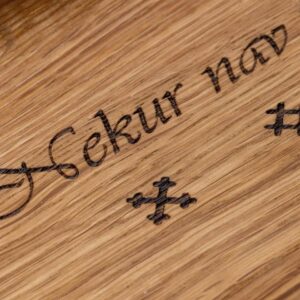 Wooden snack dish with inscription and ethnographic signs, rectangular, 13 x 40 cm