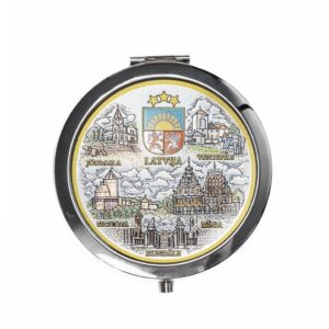 Pocket mirror - souvenir with latvian cities and coat of arms, 7 cm