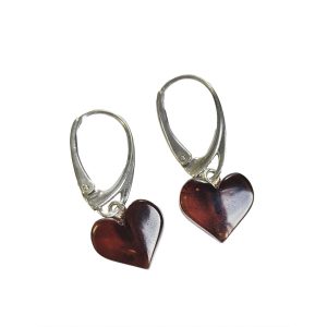 Amber earrings hearts, dark red
